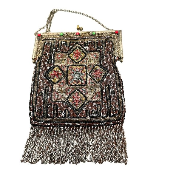 Antique Handbags - Antique Art Nouveau Edwardian French Cut Steel Micro Beaded Purse Jeweled Clasp